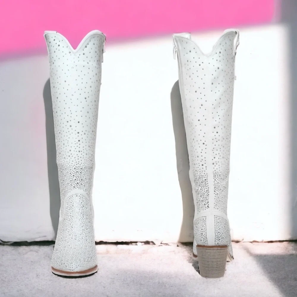 Pierre Dumas White Faux Suede Rhinestone Embellished Tall Western Cowboy Boots - Picture 4 of 5